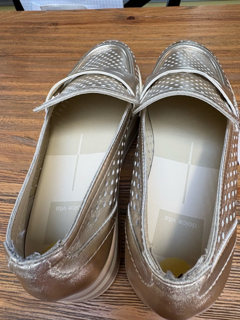 Dolce Vita Champagne Metallic Perforated Platform Loafers - Picture 12 of 13